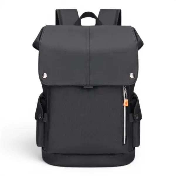 Men's flap laptop backpack in black, front view