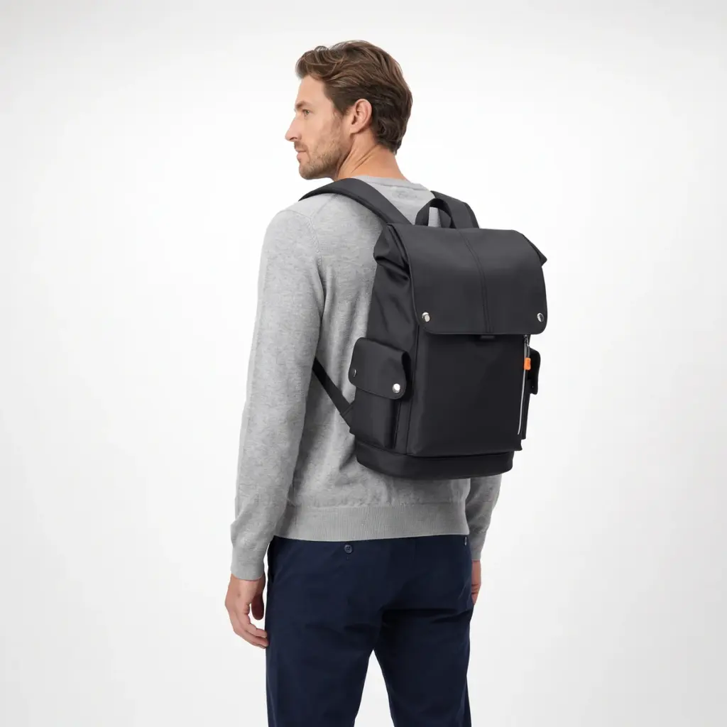 Black flap laptop backpack on a 185 cm man, full length