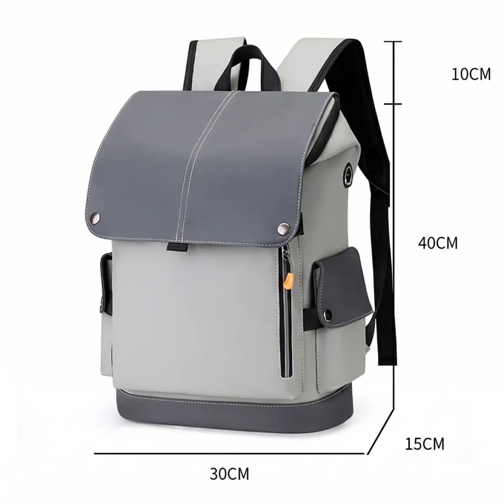 Flap laptop backpack dimensions: 40 cm high, 30 cm wide, 15 cm deep