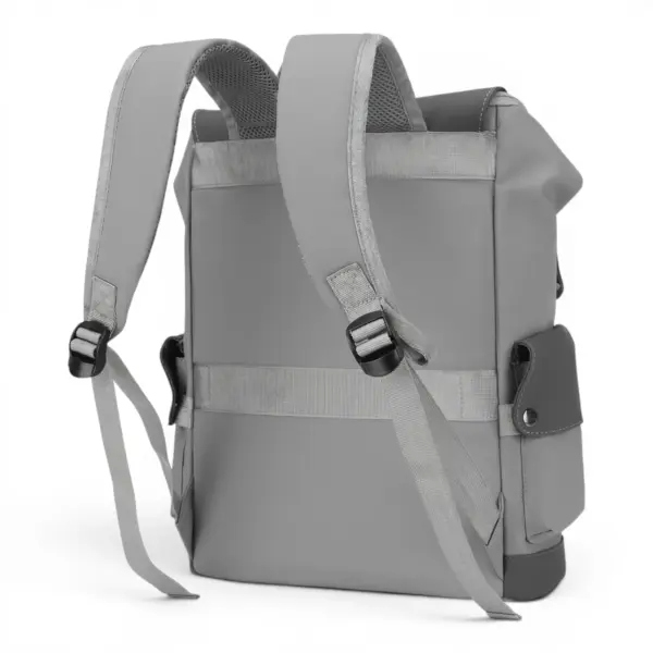 Back of the grey flap laptop backpack with adjustable shoulder straps