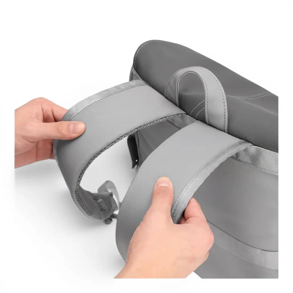 Hands showing the padded shoulder straps of the flap laptop backpack